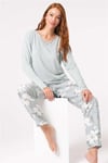 Anıl 9858 Uzun Kol V Yaka Viskon Çiçek Desenli Kışlık Örme Normal Bel Dantel Detaylı Pijama Takımı
