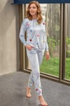 Kadın Kadife Göğüs Detaylı Uzun Kol Sweatshirt ve Paça Detaylı Yandan Cepli Pantolon Pijama Takım (9663)
