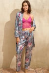Kadın Saten Çiçek Baskılı Sabahlık Balensiz Desteksiz Dolgusuz Dantelli Bralet Sütyen ve Pantolon Pijama 3'lü Takım (5701)