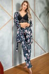 Kadın Saten Çiçek Baskılı Sabahlık Balensiz Desteksiz Dolgusuz Yaka Detaylı Dantelli Bralet Sütyen ve Pantolon Pijama 3'lü Takım (5625)