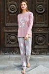 Kadın Viskon Göğüs İşlemeli Uzun Kol Sweatshirt ve Ekose Pantolon Pijama Takım (9741)