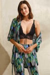 Kadın Viskon Yaprak Baskılı Sabahlık Balensiz Desteksiz Dolgusuz Dantelli Bralet Sütyen ve Pantolon Pijama 3'lü Takım (5748)