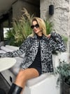 Leopar Desenli Ceket Yaka Hırka Gri