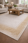By Özer Halı Krem Renk Sarı Bordürlü Modern Stil Flora Halı Magnum 7064F Salon Halısı