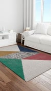 By Özer Halı Lacivert Yeşil Geometrik Desenli Modern Majolika Halı Moderngo MD00A Salon Halısı