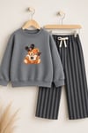 Erkek Çocuk Antrasit Ayıcık Baskılı Sweatshirt ve Çizgili Eşofman Alt Üst Takım