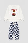 Erkek Çocuk Ekru Ayıcık Baskılı 3 İplik Kumaş Pamuklu Sweatshirt ve Lacivert Damalı Eşofman  Altüst Takım