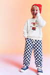 Erkek Çocuk Ekru Ayıcık Baskılı 3 İplik Kumaş Pamuklu Sweatshirt ve Lacivert Damalı Eşofman  Altüst Takım