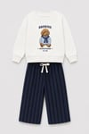 Erkek Çocuk Ekru Ayıcık Baskılı Sweatshirt ve Lacivert Çizgili Eşofman Alt Üst Takım