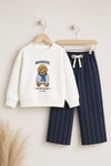 Erkek Çocuk Ekru Ayıcık Baskılı Sweatshirt ve Lacivert Çizgili Eşofman Alt Üst Takım