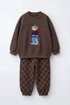 Erkek Çocuk Kahverengi Ayıcık Baskılı Pamuklu 3 İplik Kumaş Sweatshirt ve Damalı Eşofman Altüst Takım