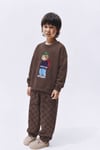 Erkek Çocuk Kahverengi Ayıcık Baskılı Pamuklu 3 İplik Kumaş Sweatshirt ve Damalı Eşofman Altüst Takım