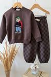 Erkek Çocuk Kahverengi Ayıcık Baskılı Pamuklu 3 İplik Kumaş Sweatshirt ve Damalı Eşofman Altüst Takım