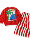 Erkek Çocuk Kırmızı Baskılı Pamuklu 3 İplik Sweatshirt ve Çizgili Eşofman Alt Üst Takım