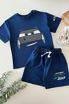 Erkek Çocuk Lacivert Pamuklu Bisiklet Yaka Araba Baskılı T-Shirt ve Şort Alt Üst Takım