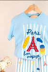 Erkek Çocuk Pamuklu Mavi Paris Baskılı T-Shirt ve Çizgili Pantolon Alt Üst Takım