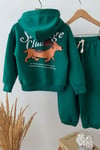 Erkek Çocuk Yeşil Kapüşonlu Köpek Baskılı Pamuklu Sweatshirt ve Yeşil Eşofman Alt Üst Takım