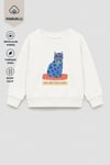 Kız Çocuk 3 İplik Kumaş Pamuklu Mavi Kedi Baskılı Sweatshirt