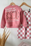 Kız Çocuk 3 İplik Pamuklu Kumaş Pembe Baskılı Sweatshirt. ve Kareli Altlı Alt Üst Takım
