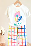 Kız Çocuk Ekru Çiçek Baskılı Pamuklu T-Shirt ve Kareli Pantolon Alt Üst Takım