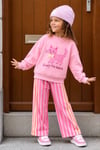 Kız Çocuk Pembe Kedi Baskılı Sweatshirt ve Pembe Çizgili Eşofman Alt Üst Takım
