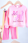 Kız Çocuk Pembe Kedi Baskılı Sweatshirt ve Pembe Çizgili Eşofman Alt Üst Takım