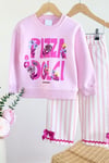 Kız Çocuk Pembe Pizza Yazılı Pamuklu Sweatshirt ve Pembe Çizgili Kanvas Pantolonlu Alt Üst Takım