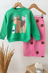 Kız Çocuk Yeşil Kedi Baskılı Pamuklu Sweatshirt ve Pembe Puantiyeli Eşofman Alt Üst Takım