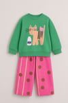 Kız Çocuk Yeşil Kedi Baskılı Pamuklu Sweatshirt ve Pembe Puantiyeli Eşofman Alt Üst Takım