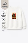 Unisex Çocuk Beyaz Kedi Baskılı Pamuklu Sweatshirt