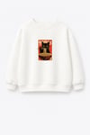 Unisex Çocuk Beyaz Kedi Baskılı Pamuklu Sweatshirt