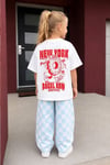 Unisex Çocuk Bisiklet Yaka Pamuklu Ekru Baskılı T-Shirt ve Damalı Kot Alt Üst Takım
