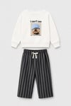 Unisex Çocuk Ekru Köpek Baskılı Sweatshirt ve Antrasit Çizgili Eşofman Alt Üst Takım