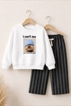 Unisex Çocuk Ekru Köpek Baskılı Sweatshirt ve Antrasit Çizgili Eşofman Alt Üst Takım