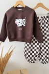 Unisex Çocuk İnek Baskılı Kahverengi Sweatshirt ve Dama Baskılı Eşofman Takım