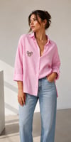  Taş Aksesuarlı Tencel   Pembe Oversıze Gömlek 