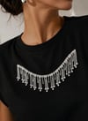 Sİyah Vatkalı Şerit Taşlı Oversize Tshırt