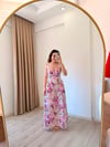 Pembe Çiçekli Keten Elbise Pembe