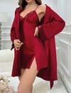 Arias Closet Bordo İnce Askılı Saten 2'li Gecelik Sabahlık Takımı