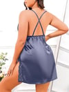 Arias Closet Büyük Beden Lacivert Dantel İşlemeli İnce Askılı Saten Fantezi Gecelik