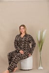 Arias Closet Büyük Beden Leopar Desenli Düğmeli Uzun Kol Viskon Pijama Takımı