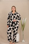 Arias Closet Büyük Beden Siyah Beyaz Kalp Desenli Düğmeli Uzun Kol Viskon Pijama Takımı