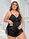 Arias Closet Büyük Beden Siyah Yırtmaç Dantel İşlemeli Saten Şortlu Takım