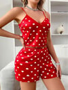 Arias Closet Kırmızı Üstüne Beyaz Kalp Desenli İnce Askılı Şortlu Pijama Takımı
