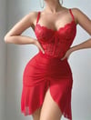 Arias Closet Özel Tasarım Fırfırlı Dantel İşlemeli Tül Fantezi Kırmızı Gecelik