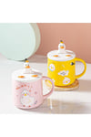 Sevimli Ördek Seramik Kupa, Pembe Mug, Kapaklı