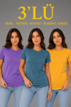 3’lü Kısa Kollu Bisiklet Yaka Basic Slim Fit T-shirt - Mor - Petrol Mavisi - Hardal