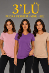3’lü Kısa Kollu Bisiklet Yaka Basic Slim Fit T-shirt - Pudra Pembe - Mor - Bej