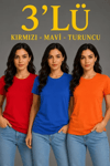 3’lü Kısa Kollu Bisiklet Yaka Basic Slim Fit T-shirt - Kırmızı - Mavi - Turuncu