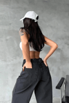 Arkadan Tokalı Jeans Pantolon Siyah